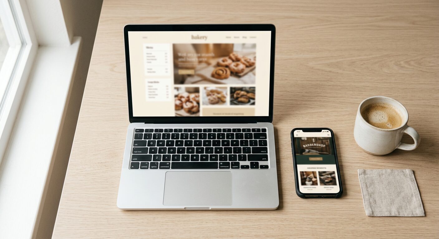 A laptop and a phone on a desk, each showing a small-business website