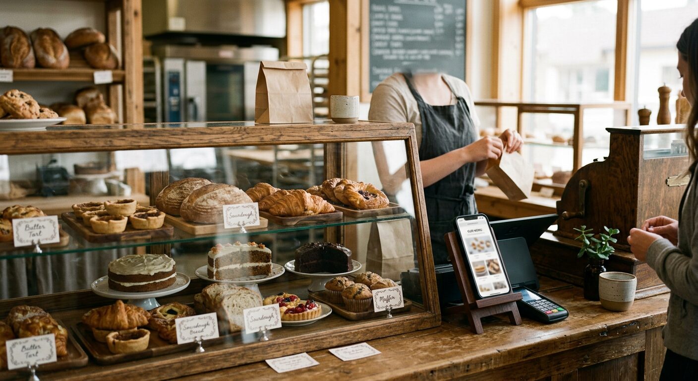 A bakery counter with a phone showing the bakery's website